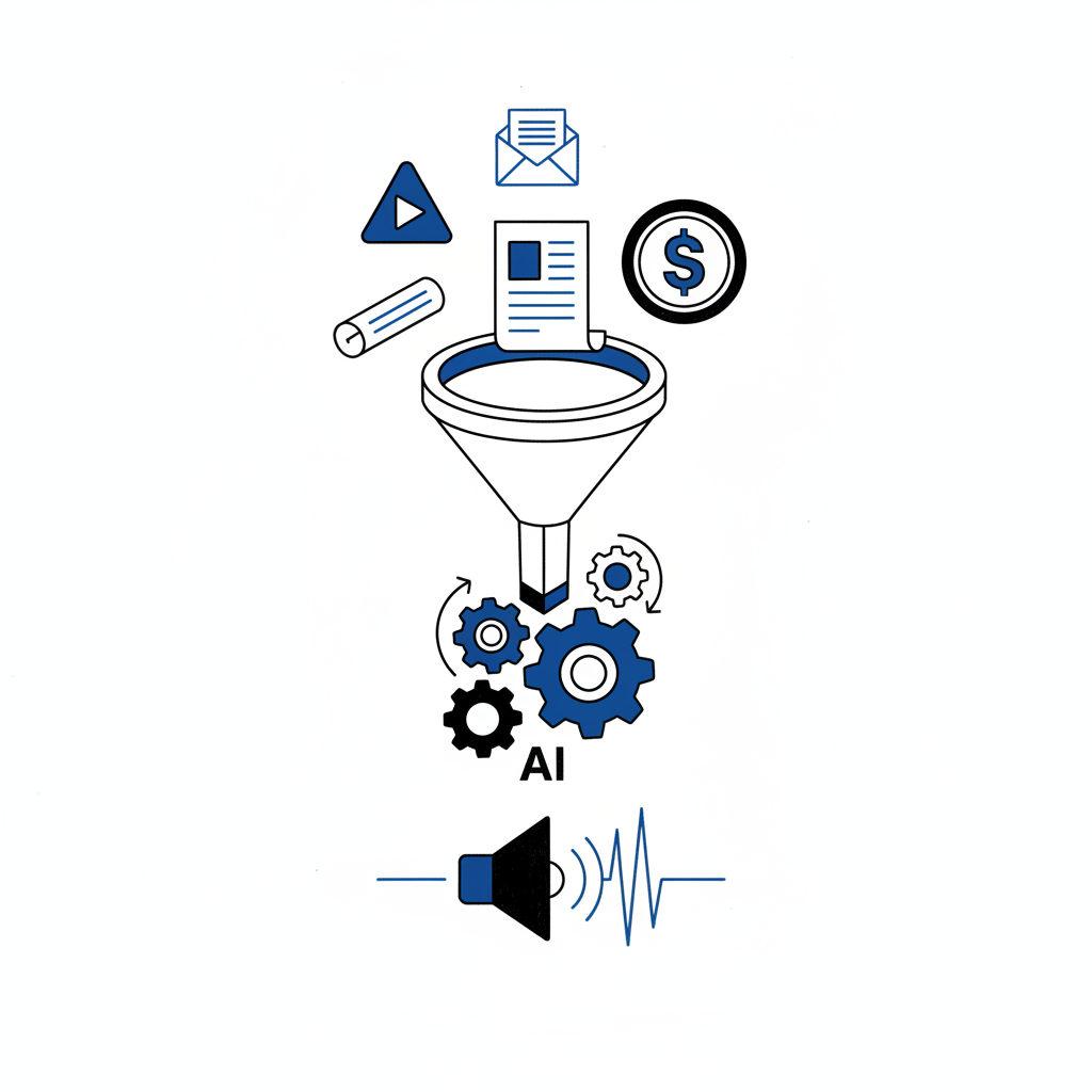 Editorial illustration: information sources flowing through AI processing into a single audio briefing